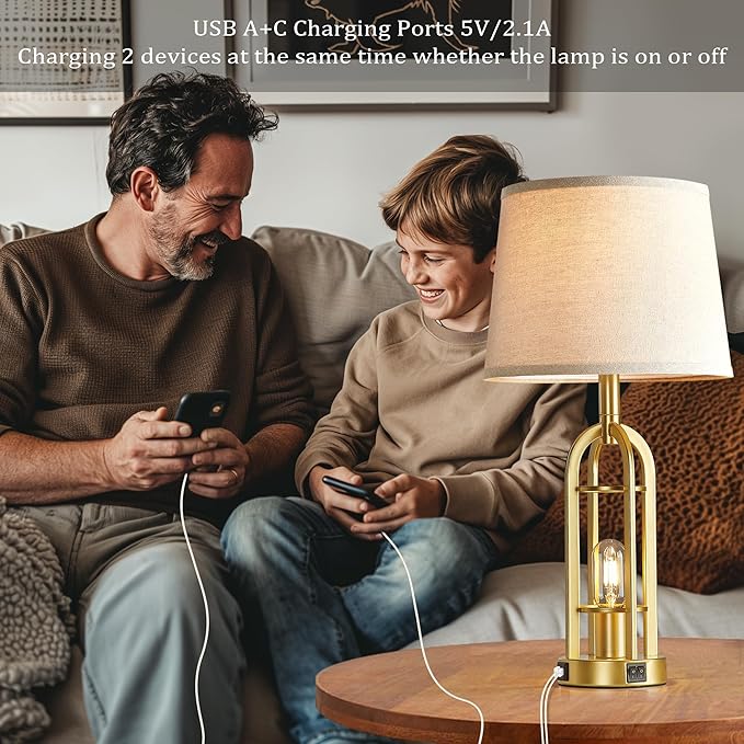 Gold Table Lamps for Living Room Set of 2 - Modern Farmhouse Bedside Lamps for Bedroom Night Stands with Nightlight and USB A+C, Industrial Lamp for Living Room End Tables - Bloomnest