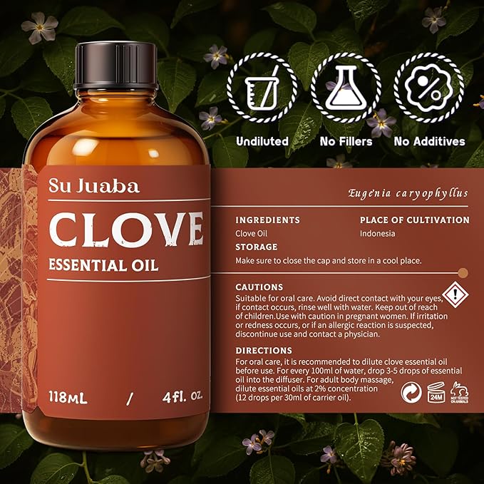 SU JUABA Clove Essential Oil 4 Oz, 100% Pure & Natural Aromatherapy Oil for Oral Care, Teeth & Gums, Diffuser, Skin, Hair - 118ML Bloomnest