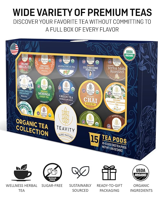 Organic Tea Pods Variety Pack - Assorted Sampler Pack Compatible for Keurig Brewer and Coffee Maker - Earl Grey, English Breakfast, Chai, Chamomile - Herbal Tea Pod for K Cup Keurig Brewing -15 count (Pack of 1) by Teavity - Bloomnest