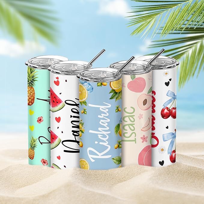 Personalized 20 Oz Skinny Tumbler - Custom Name Skinny Tumbler with Summer Design, BPA-Free Stainless Steel, 6 Designs - Customized Summer Gift - Bloomnest