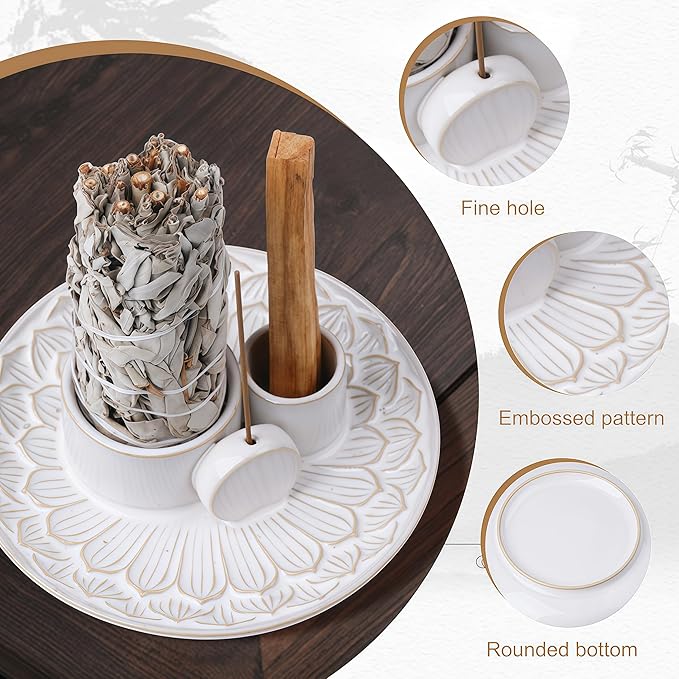 4 in 1 Incense Holder, Ceramic Incense Stick and Palo Santo Holder,Sage Holder for Burning- 5.5" Ceramic Ash Catcher Tray for Meditation and Yoga Room (White) - Bloomnest