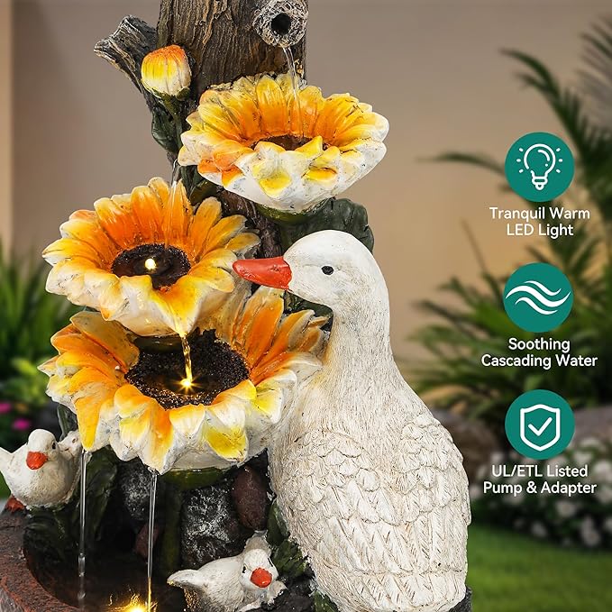 19.1" H Farmhouse Duck Garden Water Fountain with Sunflower, Indoor/Outdoor Freestanding, Soothing Cascading Waterfall with LED Lights, Decorative Water Feature for Patio, Yard, and Garden