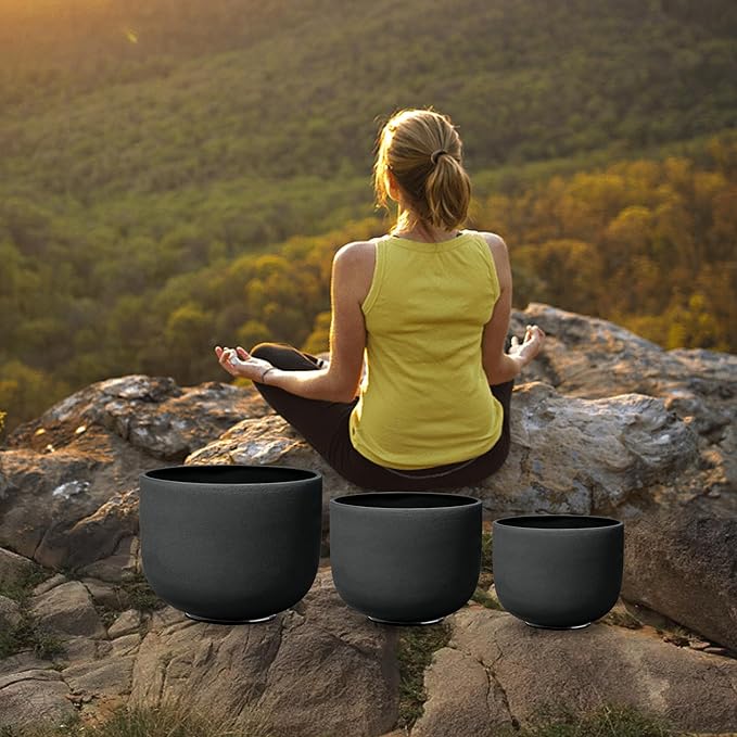 8-12 Inch Set of 3 Black Quartz Crystal Singing Bowl Chakra Set with Free Carrying Case and Suede Sticker & O-ring - Bloomnest