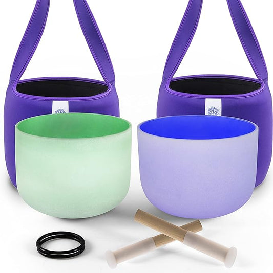 FMTY 10inch Crystal Singing Bowls set prefect pitch(±10HZ) Green(Heart)+ Indigo(3rd Eye) with Soft Carrying Bag Sound Bowls Chakra Bowl