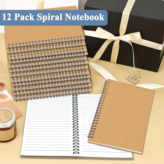 12Pack Small Spiral Notebook A5, 8.25x5.5” 120 Lined Pages Brown Wide Ruled Spiral Journal Bulk Blank Kraft Cover Spiral Bound Notebook & Writing Pads for Home Office Meeting Work Note Taking - Bloomnest