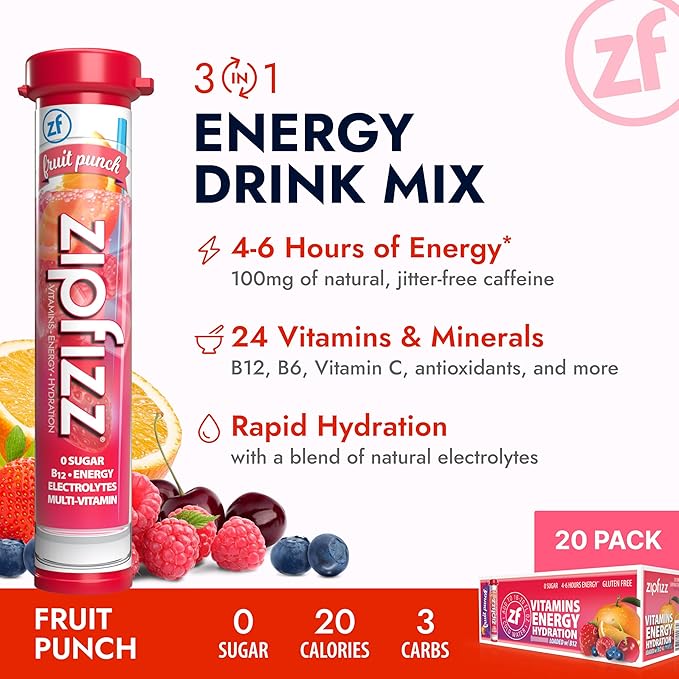 Zipfizz Daily Energy Drink Powder, Fruit Punch, 20 Pack 3-in-1 Sustained Energy, Rapid Hydration, and Essential Vitamins Sugar-Free Electrolyte Powder Contains Vitamin B-12 & Antioxidants - Bloomnest