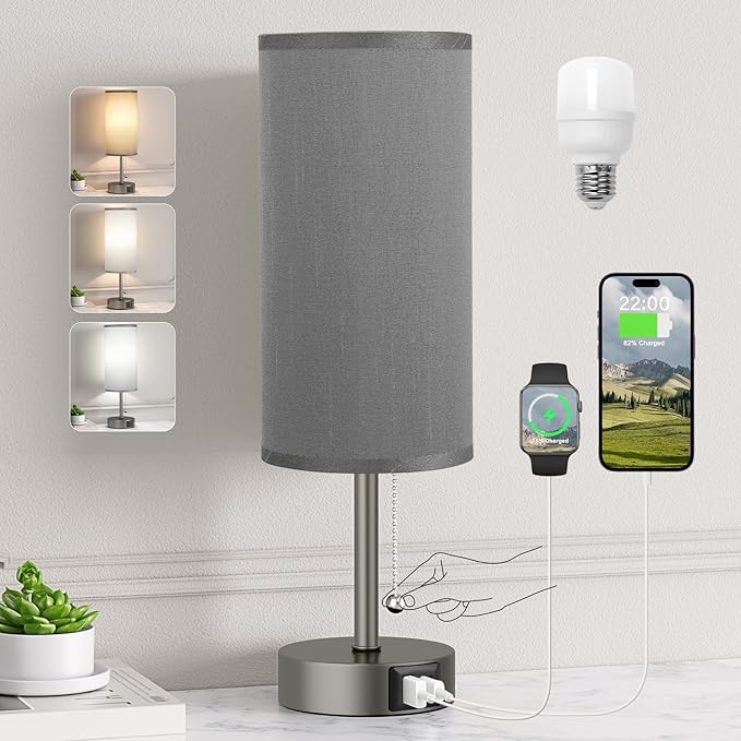 Grey Bedside Lamp for Bedroom Nightstand - Small Table Lamp with USB A + C Charging Port, 3 Color Temperatures Pull Chain Night Stand Light, Side Table Desk Reading Lamp for Living Room/Study Room - Bloomnest