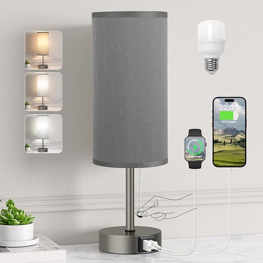 Grey Bedside Lamp for Bedroom Nightstand - Small Table Lamp with USB A + C Charging Port, 3 Color Temperatures Pull Chain Night Stand Light, Side Table Desk Reading Lamp for Living Room/Study Room - Bloomnest