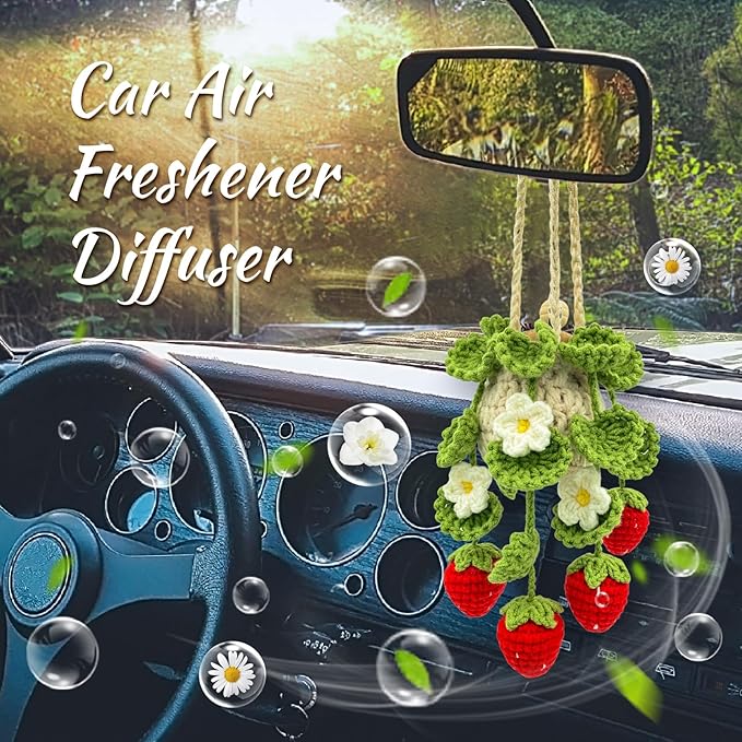 Crochet Car Air Freshener, 15ml Empty Refillable Oil Diffuser Bottle with Hanging Crochet Strawberry Plant for Car Rearview Mirror Air Freshener Diffuser for Home, and Office Decor - Bloomnest