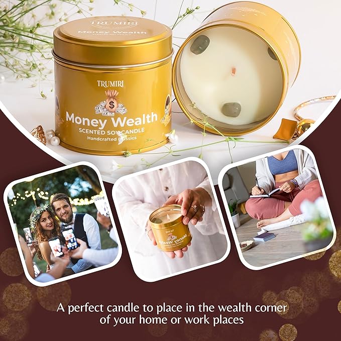 Money Wealth - Crystal Candles for Home Scented - Pack of 3 x 5oz Soy Wax Natural Clean Organic Non Toxic with Essential Oils - for Cash Luck Manifestation - Long Lasting Candel TRUMIRI