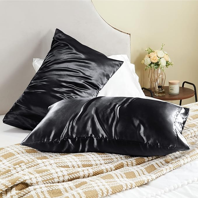 BEDELITE Satin Pillowcase for Hair and Skin, Super Soft and Cooling Similar to Silk Pillow Cases 2 Pack with Envelope Closure, Gift for Women Men(20"x36" King Size, Black) - Bloomnest