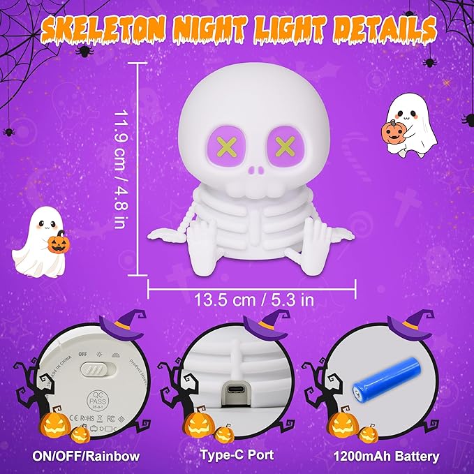 Skull Night Light, Cute LED Silicone Lamp, Color Changing & Dimmable Helloween Room Decor, 20 Mins Timer Squishy Cordless Rechargeable Nightlight, Bedside Light for Christmas Halloween Gifts - Bloomnest