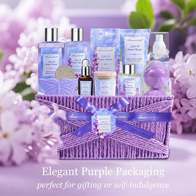 Gift baskets for women, 15Pcs Lilac Women Bath Gift Baskets w/Body Mist, Diffuser, Bath Bomb. Unique Relaxing Spa Gift Basket Set, Mothers Day Gifts for Mom Wife Grandma Daughter Friends Sister - Bloomnest