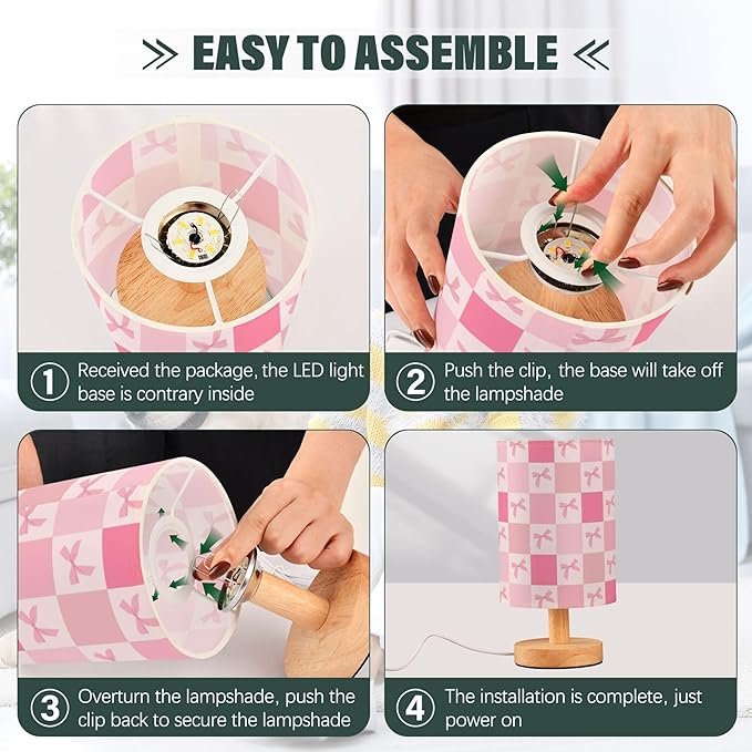 Pink Bows Gingham LED Table Lamp with USB Port Night Light Bedroom Lamps for Nightstand Living Room Dorm Home Office Desk - Bloomnest