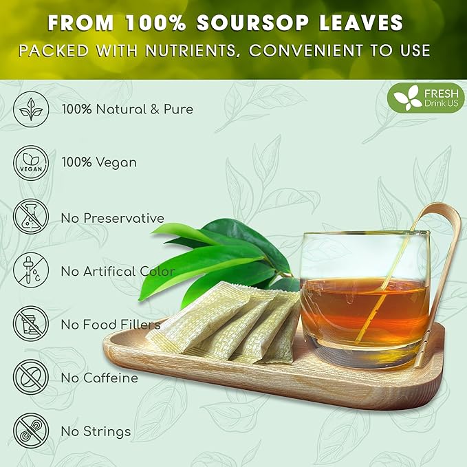 FreshDrinkUS, Premium 10 Soursop Graviola Leaf Tea Bags, 100% Natural & Pure from Soursop Leaves, Hoja Guanabana Herbal Tea. Made with Natural Material Tea Bags. No Sugar, No Caffeine, Vegan. - Bloomnest