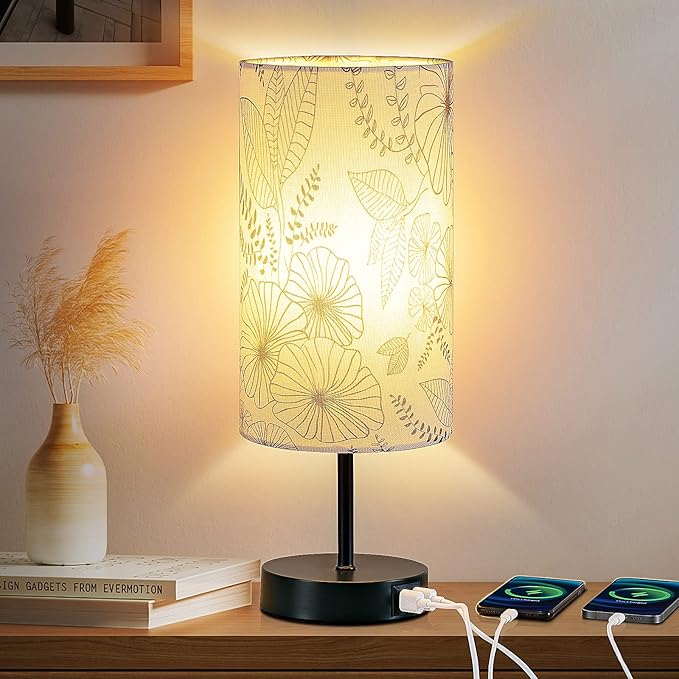Touch Control Bedside Lamp with 2 USB Ports, 3-Way Dimmable Table lamp for Bedroom, Nightstand Lamp with Round Flower Fabric Shade for Living Room Home Office (E26 LED Bulb Included) - Bloomnest