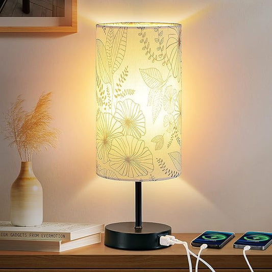 Touch Control Bedside Lamp with 2 USB Ports, 3-Way Dimmable Table lamp for Bedroom, Nightstand Lamp with Round Flower Fabric Shade for Living Room Home Office (E26 LED Bulb Included) - Bloomnest