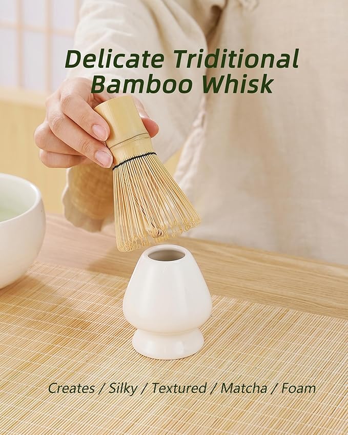 ZENS Matcha Whisk Set, 6pcs Matcha Kit Includes Ceramic Bowl, Handcrafted Bamboo Whisk and Chasen Holder, Scoop, 304 Sifter & Tea Mat，Matcha Set for Tea Ceremony,Latte Making, White - Bloomnest