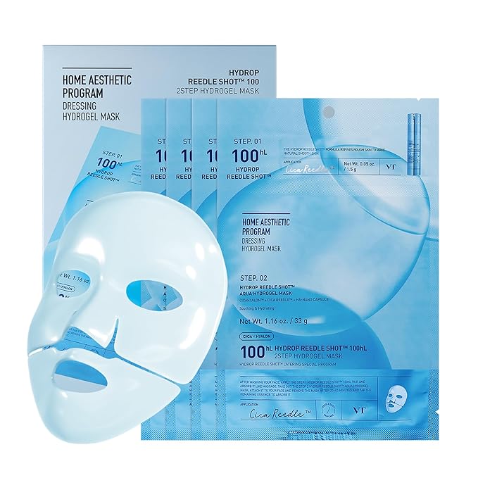 VT COSMETICS Hydrop Reedle Shot 100hl 2-Step Hydrogel Mask(34.5gx4ea), Intensive Hydrating, Exosome Hyaluronic Acid, Dewy & Glass Skin, Overnight Melting Mask, Korean Facial Mask - Bloomnest