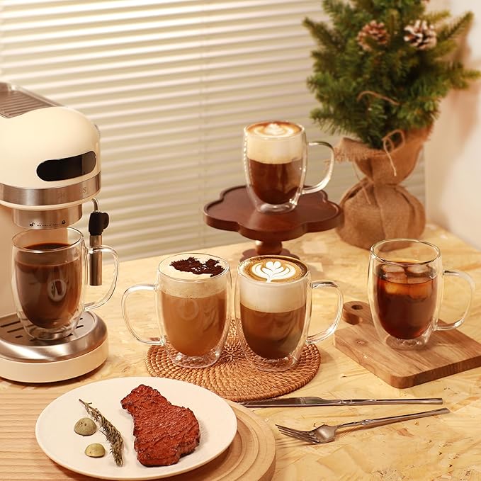CNGLASS 12oz Double Walled Glass Coffee Mugs,Insulated Glass Mugs with Handle,Clear Espresso Cups for Latte,Cappuccino,Tea Bag,Set of 2 - Bloomnest