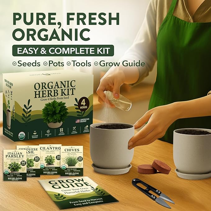 HOME GROWN Organic Herb Garden Kit – 4 Herb Seeds, Soil, Pots, Tools & Grow Guide – Grow Basil, Parsley, Cilantro & Thyme Indoors – USDA Organic, Non-GMO, Ideal Gift for Christmas & Thanksgiving