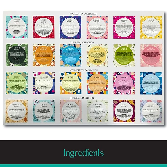 Samley Tea Holiday Fantasy Tea Assortment Gift Box Set, Pure Ceylon Tea Bags Individually Wrapped, Sampler Variety Pack of Assorted Flavors, 24 Pyramids - Bloomnest