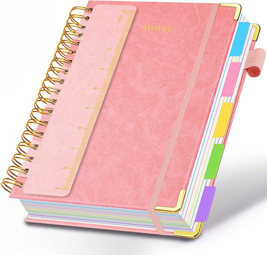 Hardcover Spiral Notebook 8"x10" Journal Notebook with Tabs and Removable Dividers 300 Pages 5 Subject Notebook College Ruled, Faux Leather Spiral Bound Notebook for Women School Work (Pink) - Bloomnest
