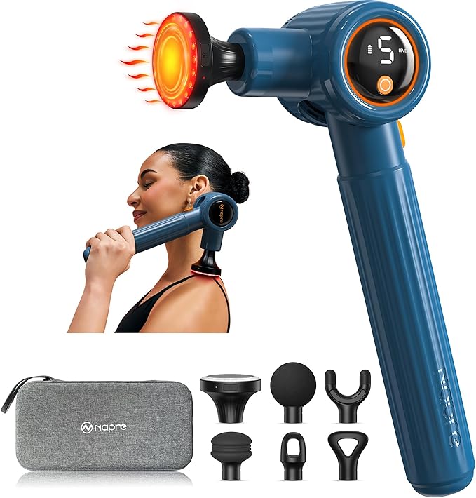 NAPRE Massage Gun with Heat,Massage Gun Deep Tissue with Extension Handle & 3 Adjustable Angles,Handheld Percussion Back Massager for Muscle/Neck/Body Pain Relief with Portable Case,Blue - Bloomnest
