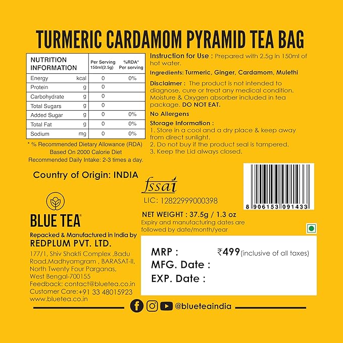 BLUE TEA - Turmeric Tea - Cardamom - 15 Count - Pyramid Plant Based Tea Bag | CURCUMIN RICH - HERBAL BLEND | Detox Tea - Herbal Tea - Caffeine Free - Gluten Free - Earthy Flavor - Healthy | Reusable Tin Pack - Bloomnest