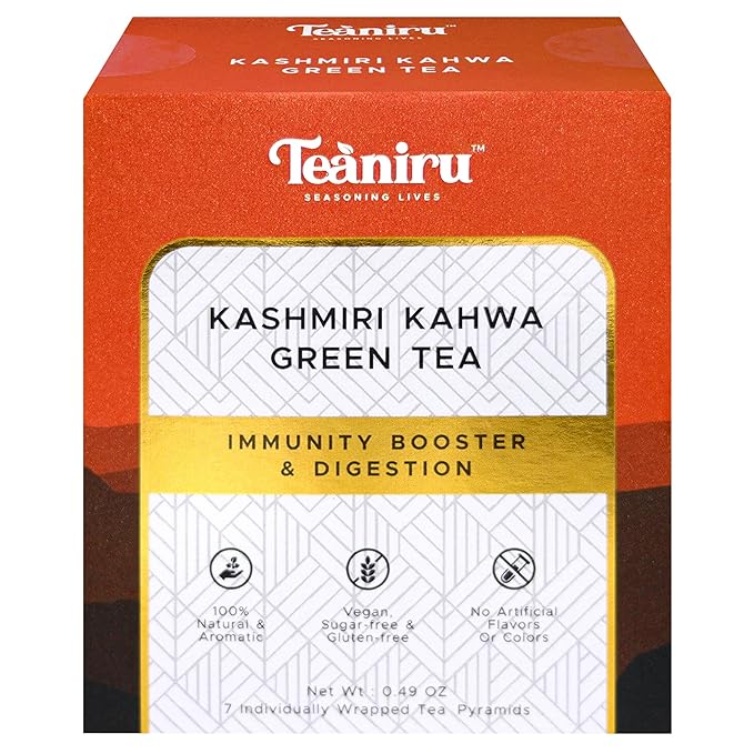 Teaniru, Kashmiri Kahwa Tea - 7 Pyramid Tea Bags in Individual Sachets | Green Tea with 100% Natural Spices - Supports Healthy Digestion | Pure Leaf Tea - Brew it Hot or Cold - Bloomnest