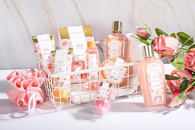 Spa Luxetique Spa Gift Set, Bath Gift Set for Women, 10 Pcs Rose Bath Set, Pink Tote Gift Bag with Shower Gel, Bubble Bath, Body Lotion, Hand Cream, Christmas Beauty Gifts for Women - Bloomnest