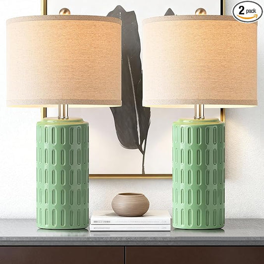 PARTPHONER 23" Farmhouse Modern Ceramic Table Lamp Set of 2 - Green Bedside Lamps for Bedroom & Living Room, Nightstand, Desk, End Table - Bloomnest
