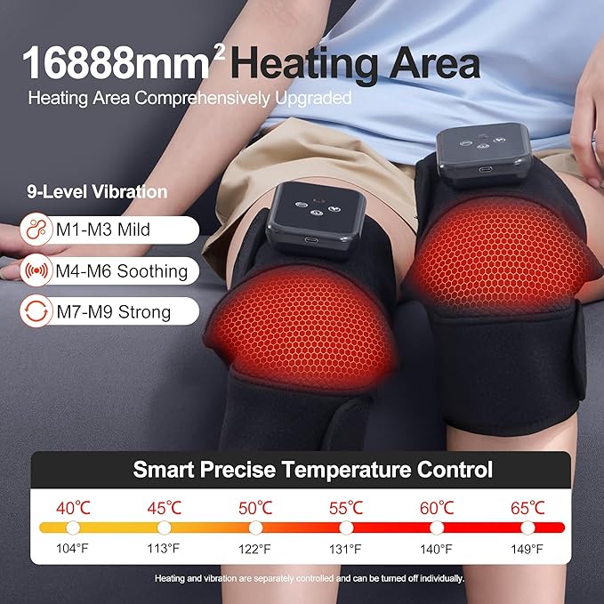 Knee Massager with Heat Vibration for Pain Relief,Electric Heated Knee Brace,with 6 Heat Levels and 9 Massage Mode,Gift for Both Men and Women（Black, Pair） - Bloomnest