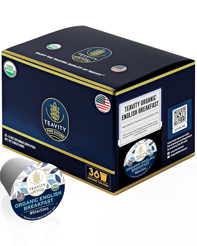 Organic English Breakfast Tea Pods for Keurig - Naturally Caffeinated Unsweetened Black Tea Pods by Teavity (36 Tea Pods) - Bloomnest