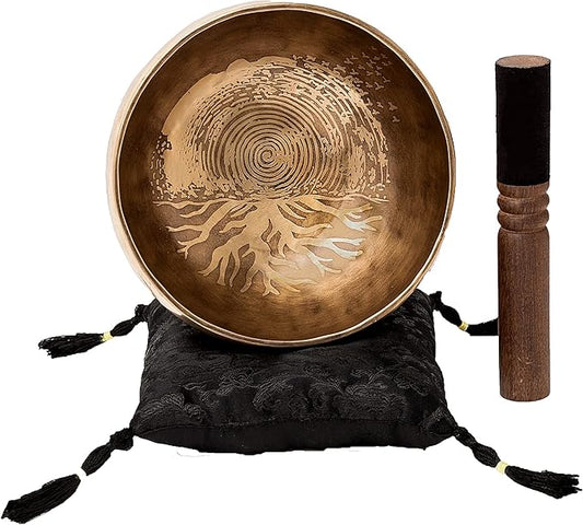 Ancient Design Large Tibetan Singing Bowl Set by Ohm Store — Relaxing Meditation Sound Bowl and Wooden Mallet Handcrafted in Nepal — Tree of Life Singing Bowl 6.7 Inch - Bloomnest