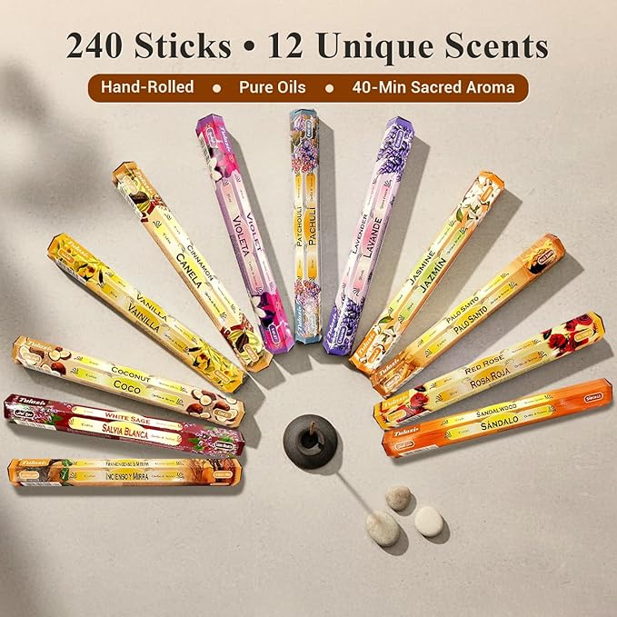 Tulasi Incense Sticks Pack of 12 Natural Scent (240 Sticks) Variety Fragrance of Coconut, White Sage, Red Rose, Palo Santo Lavender & Cinnamon etc, Ideal for Meditation & Positive Vibes Tulasi