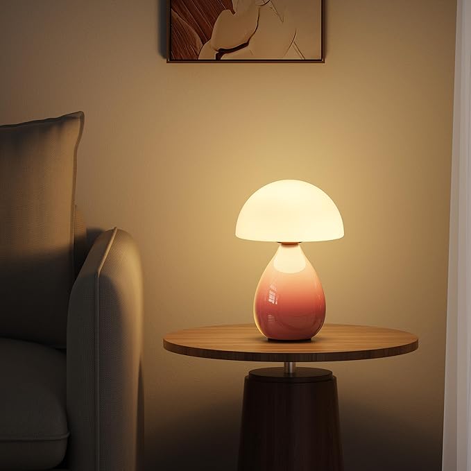 Mushroom Lamp Table Light, Mini Modern Lamp Bedside Small Table Nightstand LED, Small Light Dimmable for Bedroom, Living Room, Ceramic Base Glass Led Home Decor for Woman Children Gift - Bloomnest