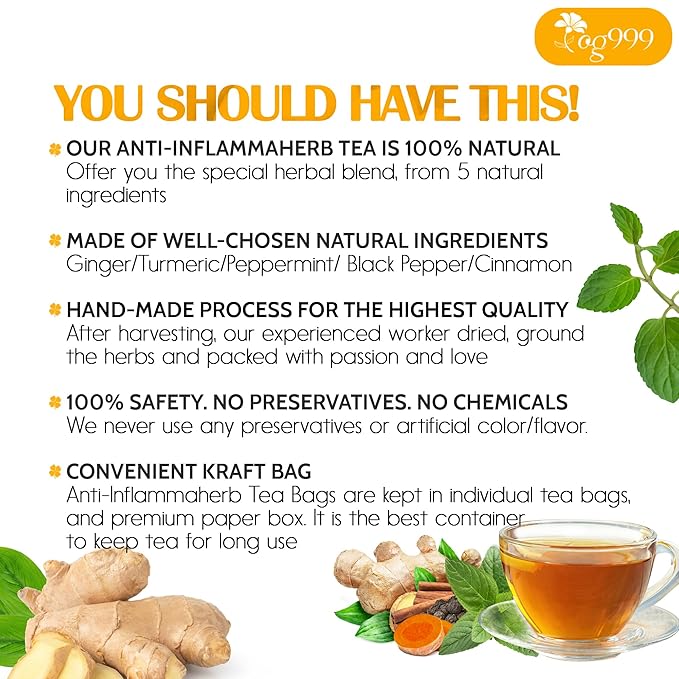 20 Tea Bags - Anti-Inflammaherb Loose Leaf Tea, 100% Natural from Ginger, Turmeric, Peppermint, Black Pepper, Cinnamon. No Sugar, No Caffeine, No Gluten, Vegan - Bloomnest
