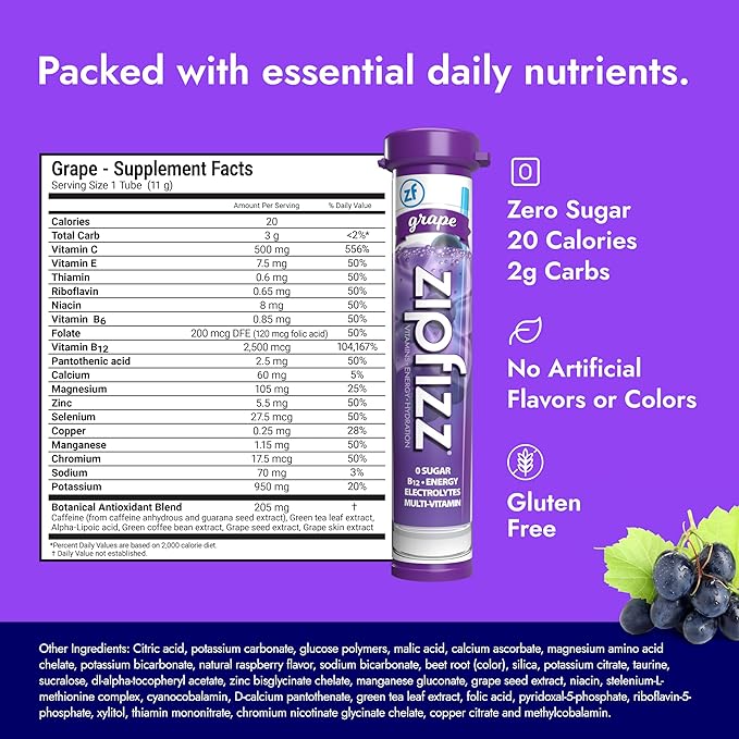 Zipfizz Daily Energy Drink Powder, Grape, 20 Pack | 3-in-1 Sustained Energy, Rapid Hydration, and Essential Vitamins | Sugar-Free | Electrolyte Powder | Contains Vitamin B-12 & Antioxidants - Bloomnest
