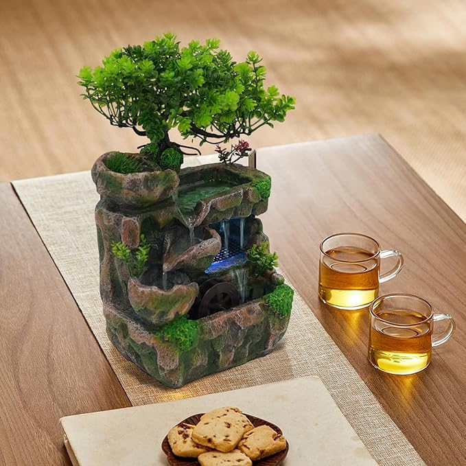 Resin Rockery, Waterfall Fountain Tabletop Ornament with LED, Rockery Tabletop Fountains Desktop Fountain Waterfall Fish Pond, Artificial Trees, Mini Decor for Indoor Home Office Bedroom - Bloomnest