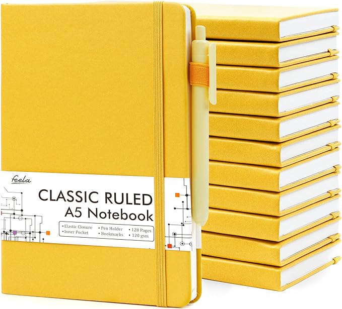 12 Pack Notebooks Journals Bulk with 12 Black Pens, Feela A5 Hardcover Notebook Classic Ruled Journal Set with Pen Holder for School Business Work Travel Writing, 120 GSM, 5.1”x8.3”, Yellow - Bloomnest