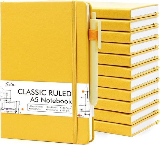 12 Pack Notebooks Journals Bulk with 12 Black Pens, Feela A5 Hardcover Notebook Classic Ruled Journal Set with Pen Holder for School Business Work Travel Writing, 120 GSM, 5.1”x8.3”, Yellow - Bloomnest