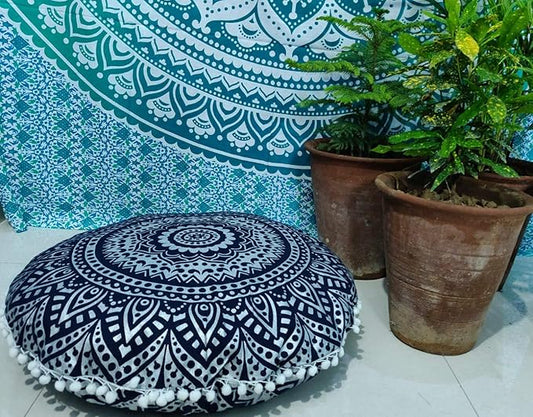 INDIAN CRAFT CASTLE 24" Blue Silver Mandala Barmeri Large Floor Pillow Cover Cushion Meditation Seating Ottoman Throw Cover Hippie Decorative Zipped Bohemian Pouf Ottoman Pom Pom Cases 24" Round - Bloomnest