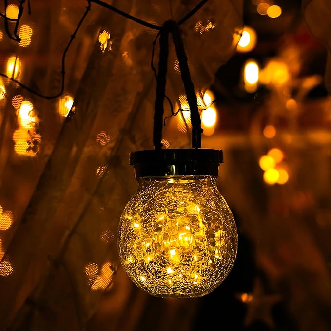 Cooo 2 Pack Heavy Crackle Glass Solar Lantern with 30 LED Firefly Lights– Waterproof Outdoor Hanging Lamp 215% Larger Solar Panel, Stainless Steel Lid Decorative Lighting for Garden Patio Table - Bloomnest