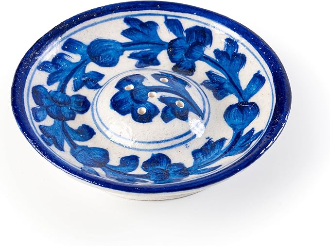Blue Pottery Agarbatti Stand Ceramic Plate with Holes Handicrafted Designer Incense Holder Decorative Accessory for Home Office and Gifting (White and Blue Design-2) - Bloomnest
