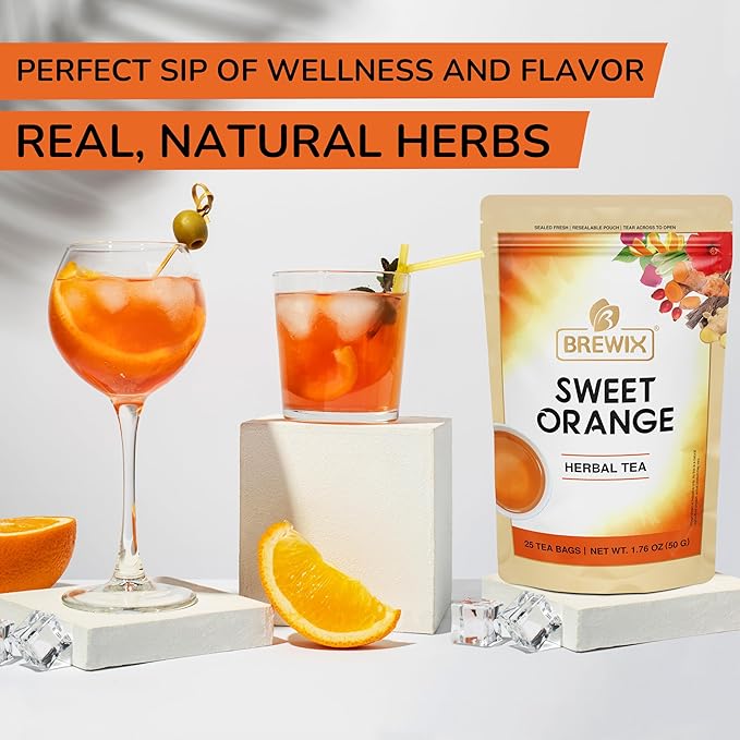 BREWIX, Sweet Orange Hibiscus Tea Bags (25 Pyramid Tea Bags) Caffeine-Free Herbal Tea | Ginger, Hibiscus, Spearmint, Rosehip, Turmeric | Supports Daily Balance & Calm | For Health & Wellbeing | Iced and Hot - Bloomnest