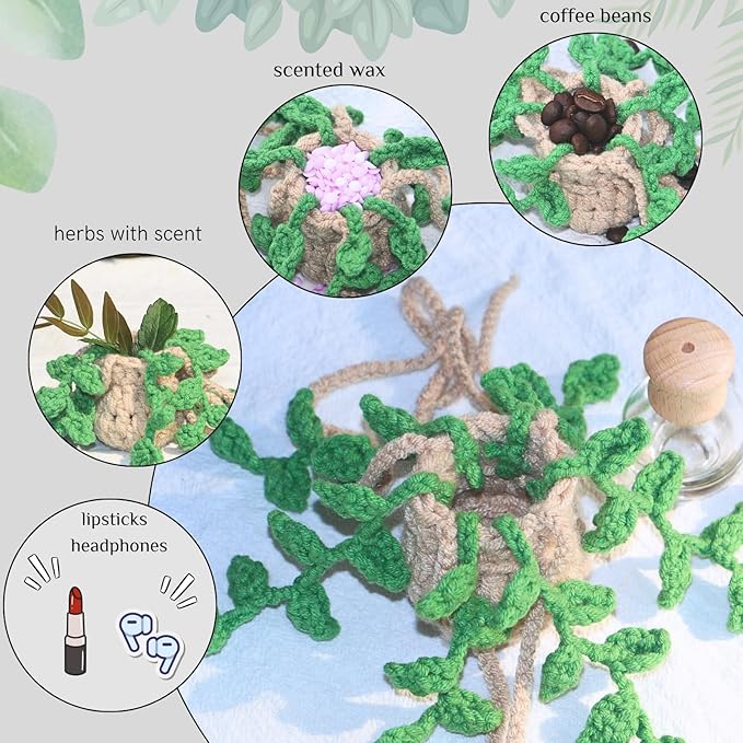 Handmade Crochet Hanging Car Air Freshener,12ml Empty Refillable Oil Diffuser Bottle with Crochet Hanging succulents Plant for Car Rearview Mirror for Home, and Office Hanging Diffuser Decor - Bloomnest