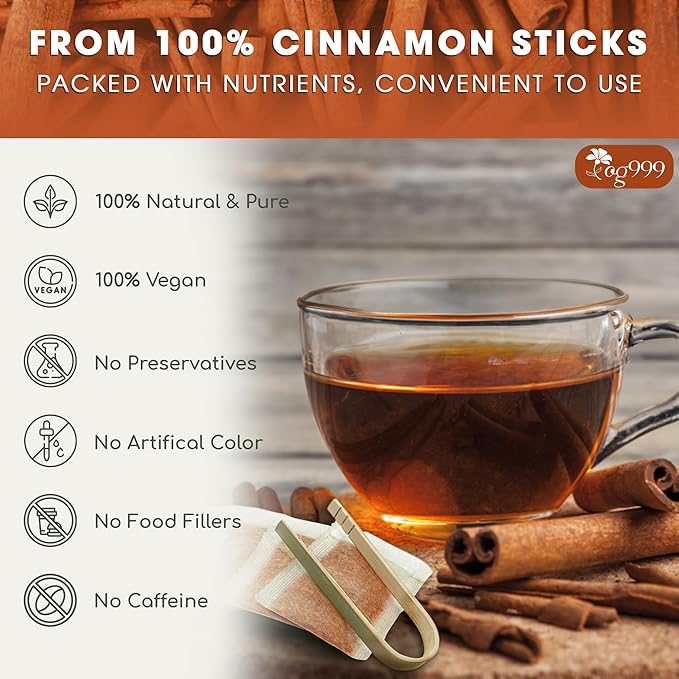 TOG999, Premium 60 Tea Bags - Special Cinnamon Tea, 100% Natural & Pure, Herbal Tea. Cinnamon Stick Herbal Spice Tea. No Sugar, No Caffeine, No Gluten, Vegan. - Bloomnest