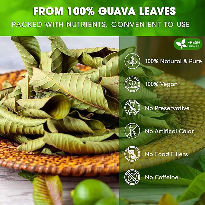 FreshDrinkUS, Premium 50+ Natural Guava Leaves, Whole Dried Leaves, 100% Pure, Natural Guava Loose Leaf Herbal Tea, Non GMO, No Additives, No Caffeine, Vegan - Bloomnest