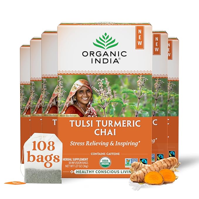 Organic India Tulsi Turmeric Chai Tea - Herbal Tea Bags with Caffeine, Ginger Root, Cinnamon, Holy Basil, Stress Relieving and Energizing, Immune Support, Helps Digestion - 18 Count, Pack of 6 - Bloomnest